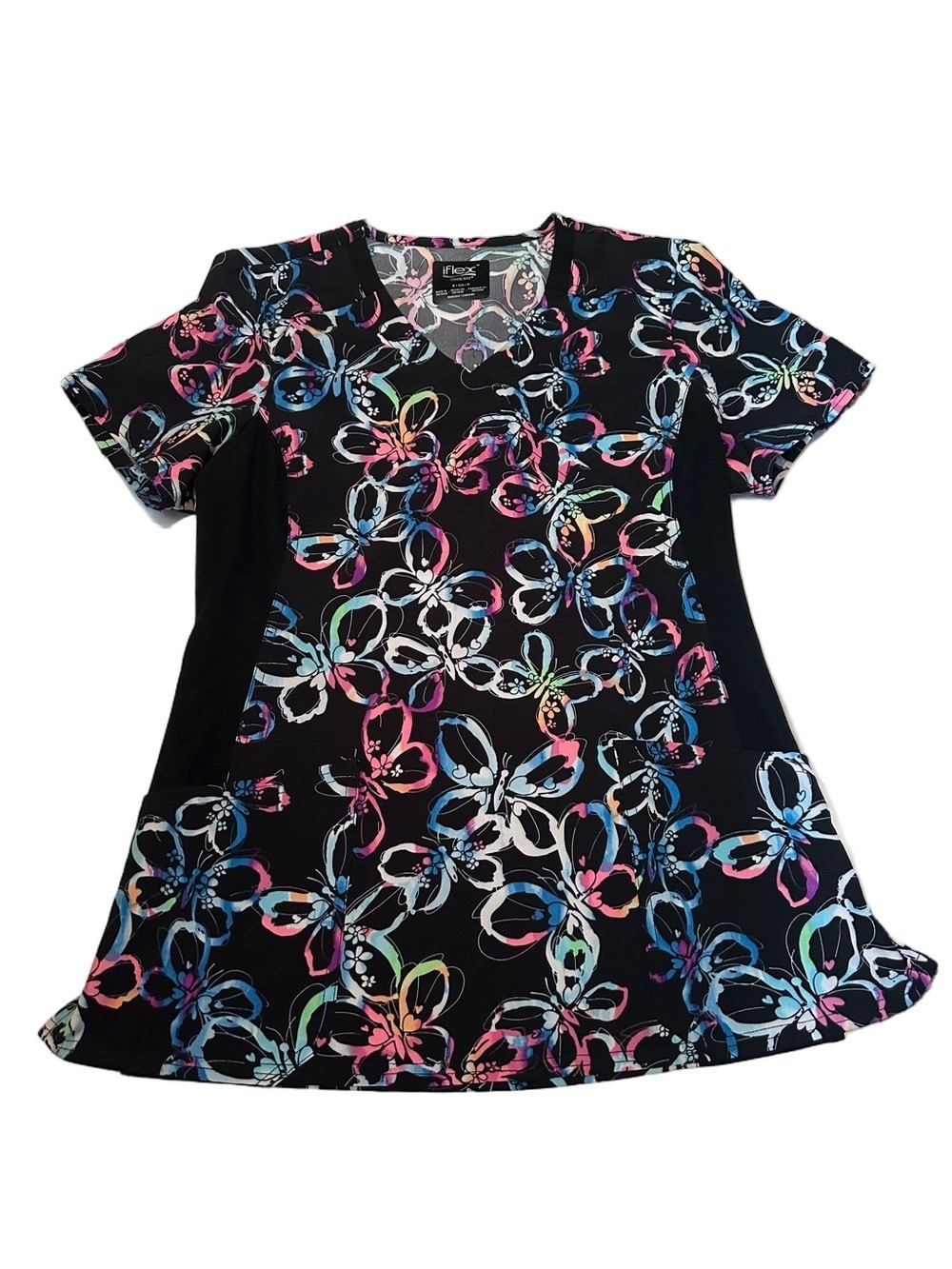 Cherokee Black Floral V-Neck Scrub Top Small